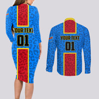 DR Congo Football Couples Matching Long Sleeve Bodycon Dress and Long Sleeve Button Shirt Go Les Leopards - Wonder Print Shop