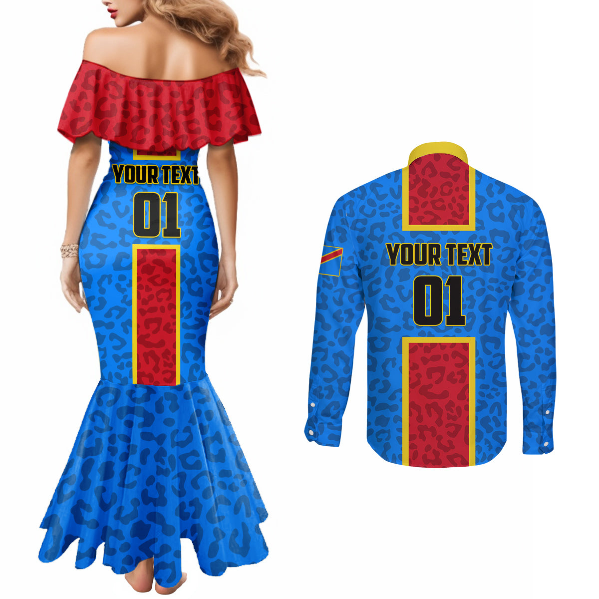 DR Congo Football Couples Matching Mermaid Dress and Long Sleeve Button Shirt Go Les Leopards
