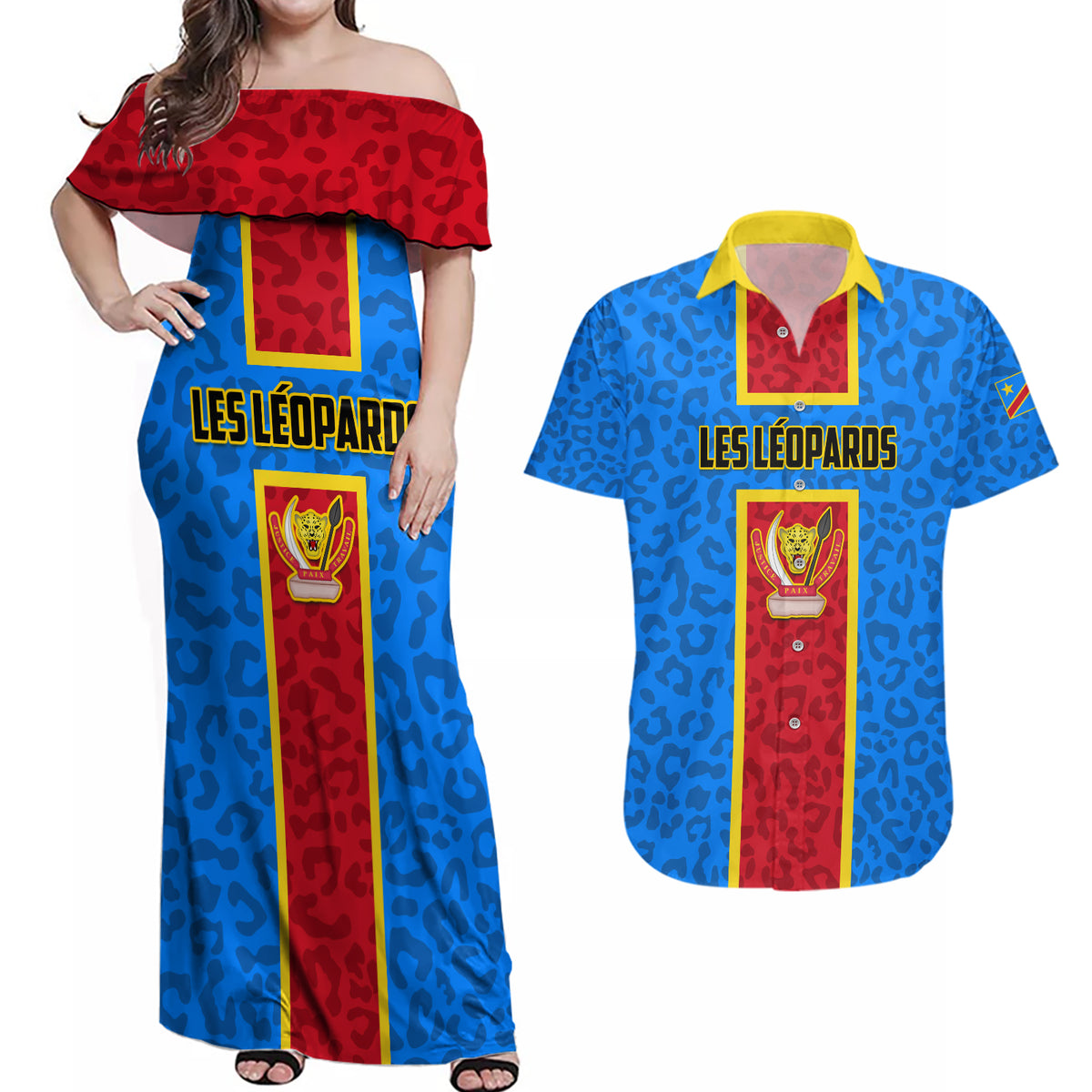 DR Congo Football Couples Matching Off Shoulder Maxi Dress and Hawaiian Shirt Go Les Leopards - Wonder Print Shop