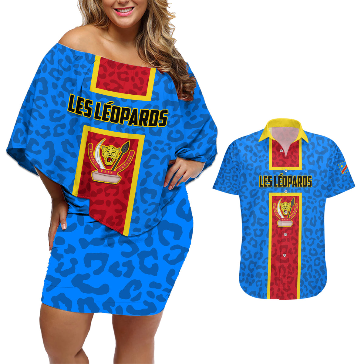 DR Congo Football Couples Matching Off Shoulder Short Dress and Hawaiian Shirt Go Les Leopards - Wonder Print Shop