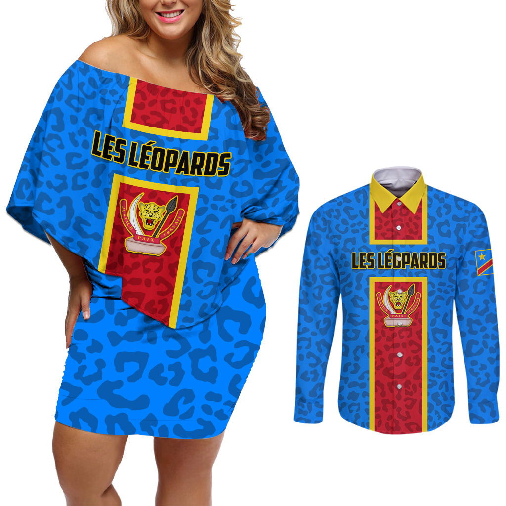 DR Congo Football Couples Matching Off Shoulder Short Dress and Long Sleeve Button Shirt Go Les Leopards - Wonder Print Shop