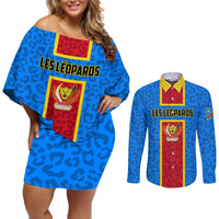 DR Congo Football Couples Matching Off Shoulder Short Dress and Long Sleeve Button Shirt Go Les Leopards - Wonder Print Shop