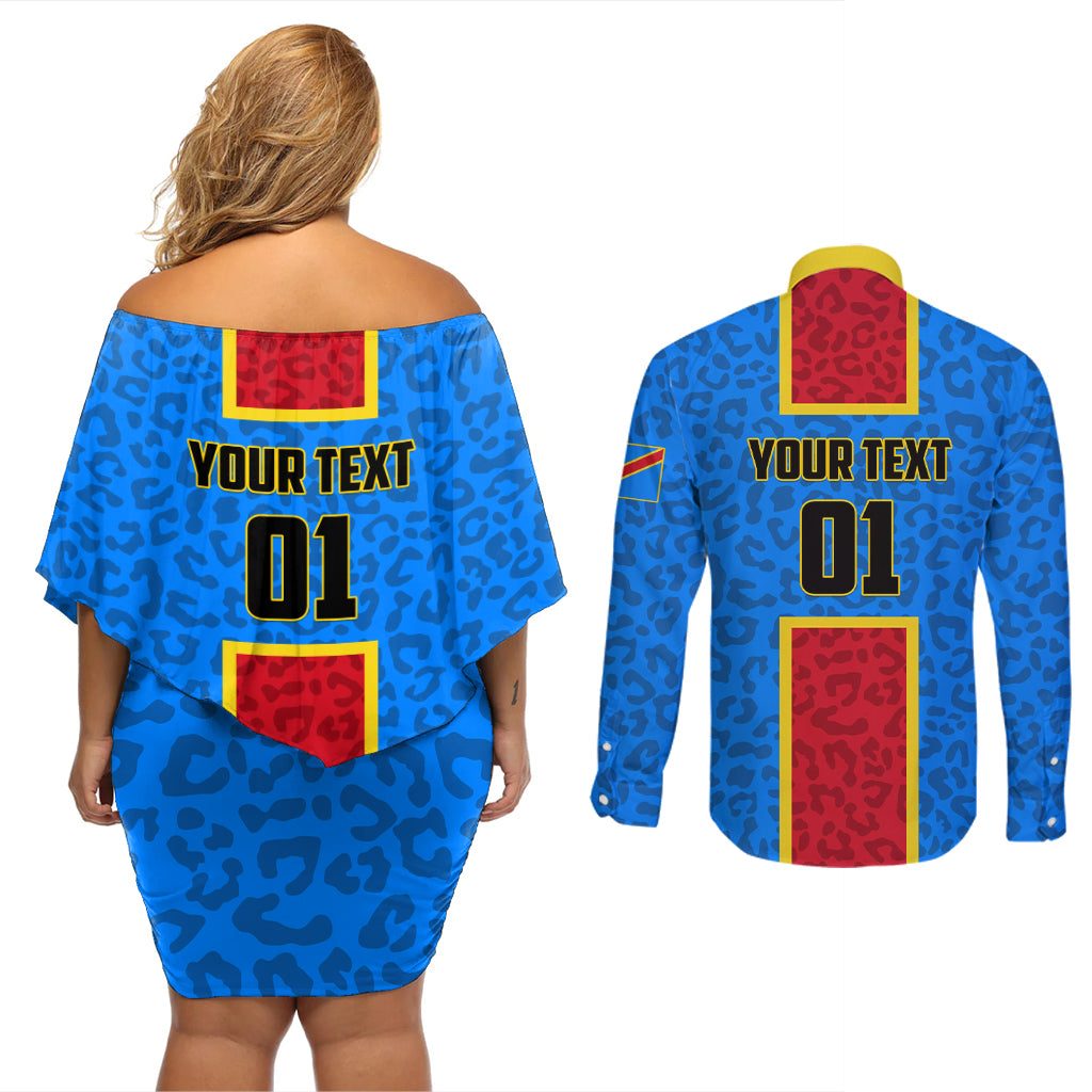 DR Congo Football Couples Matching Off Shoulder Short Dress and Long Sleeve Button Shirt Go Les Leopards - Wonder Print Shop