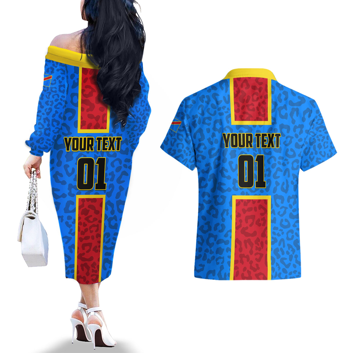 DR Congo Football Couples Matching Off The Shoulder Long Sleeve Dress and Hawaiian Shirt Go Les Leopards - Wonder Print Shop