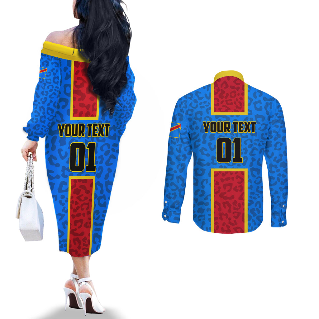 DR Congo Football Couples Matching Off The Shoulder Long Sleeve Dress and Long Sleeve Button Shirt Go Les Leopards