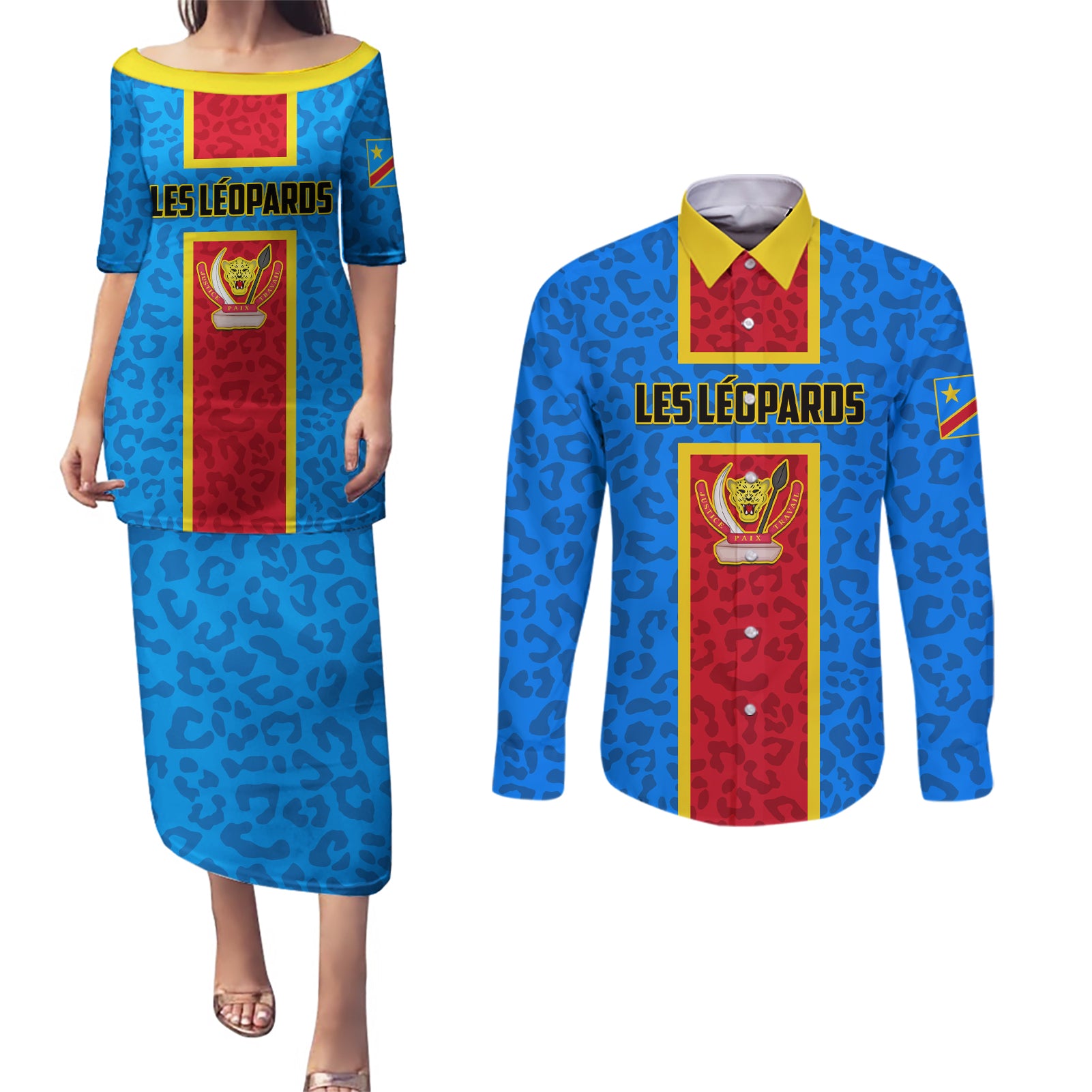 DR Congo Football Couples Matching Puletasi and Long Sleeve Button Shirt Go Les Leopards - Wonder Print Shop