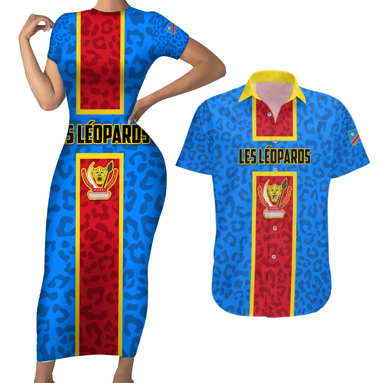 DR Congo Football Couples Matching Short Sleeve Bodycon Dress and Hawaiian Shirt Go Les Leopards - Wonder Print Shop