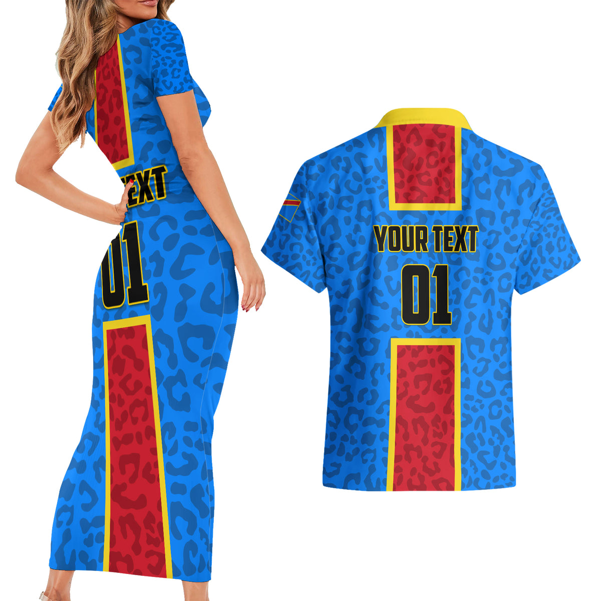 DR Congo Football Couples Matching Short Sleeve Bodycon Dress and Hawaiian Shirt Go Les Leopards - Wonder Print Shop