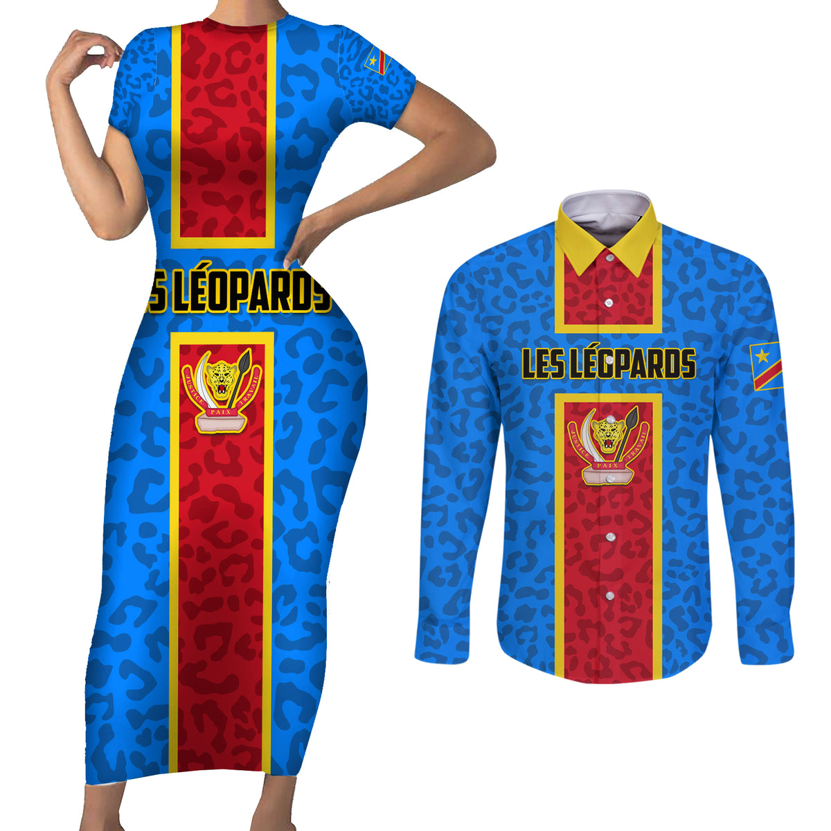 DR Congo Football Couples Matching Short Sleeve Bodycon Dress and Long Sleeve Button Shirt Go Les Leopards - Wonder Print Shop