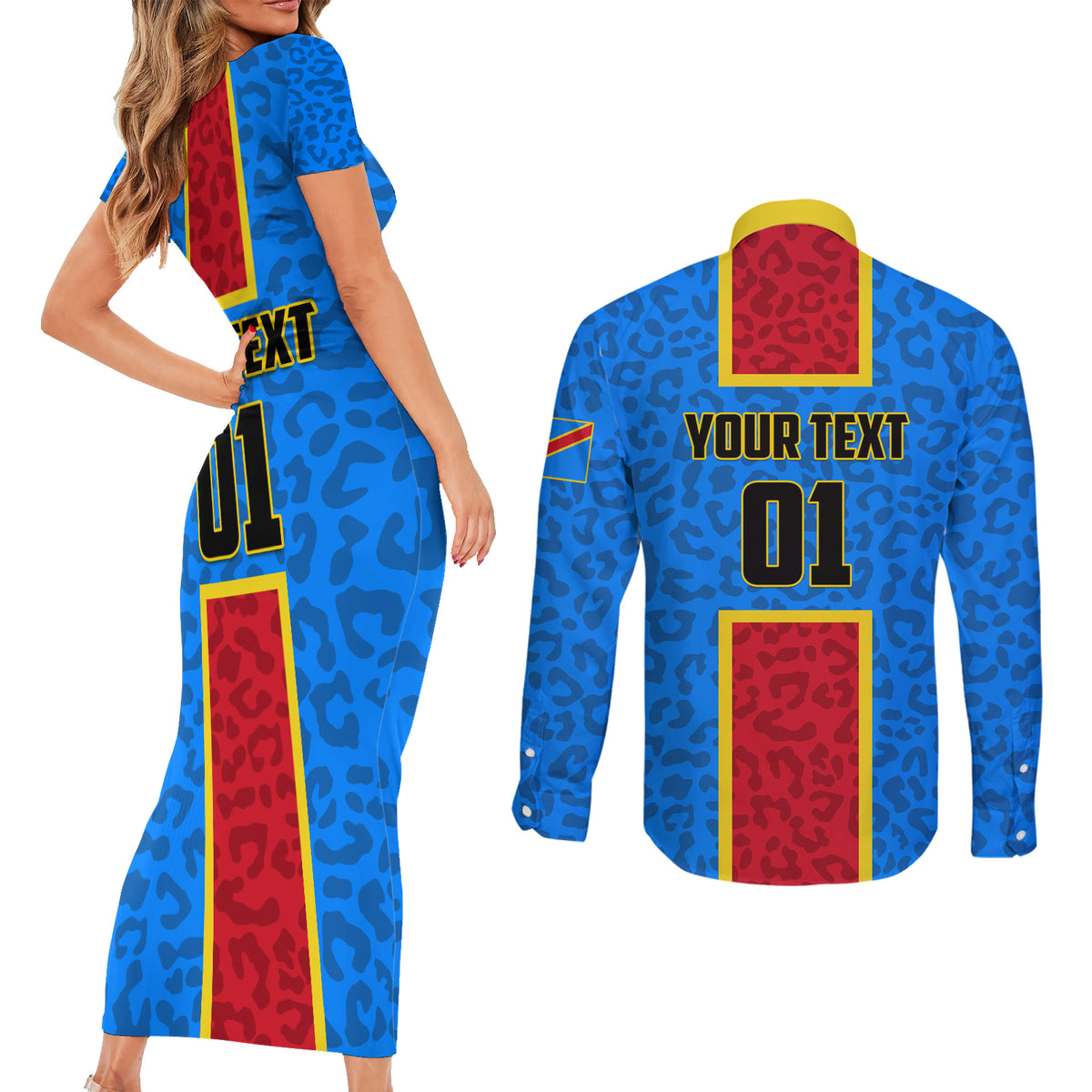 DR Congo Football Couples Matching Short Sleeve Bodycon Dress and Long Sleeve Button Shirt Go Les Leopards - Wonder Print Shop