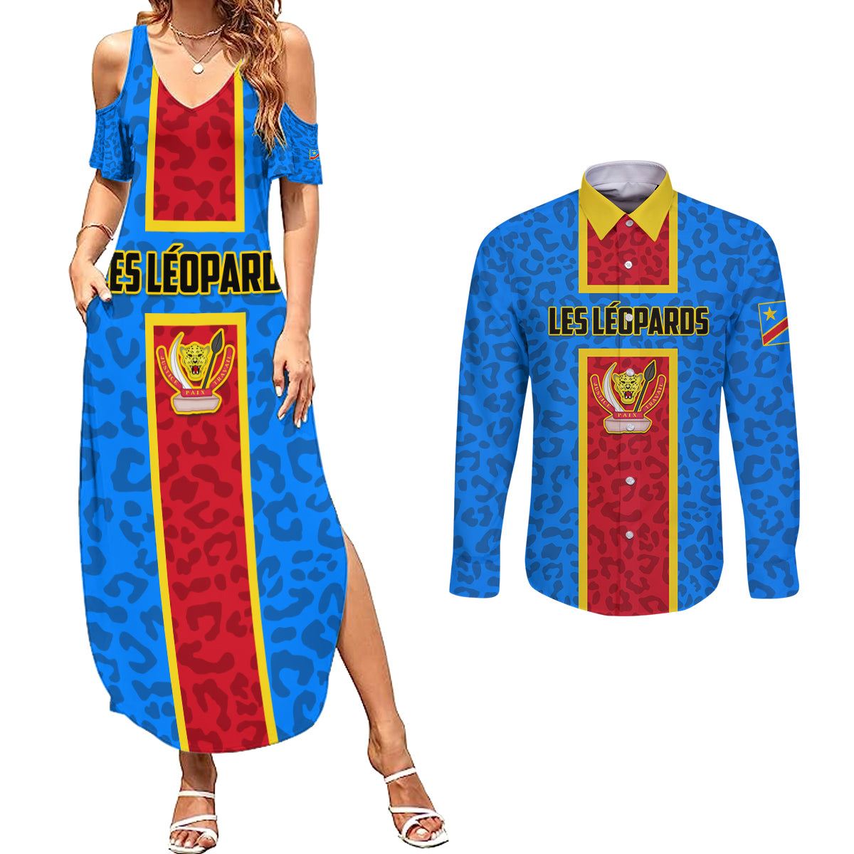 DR Congo Football Couples Matching Summer Maxi Dress and Long Sleeve Button Shirt Go Les Leopards - Wonder Print Shop