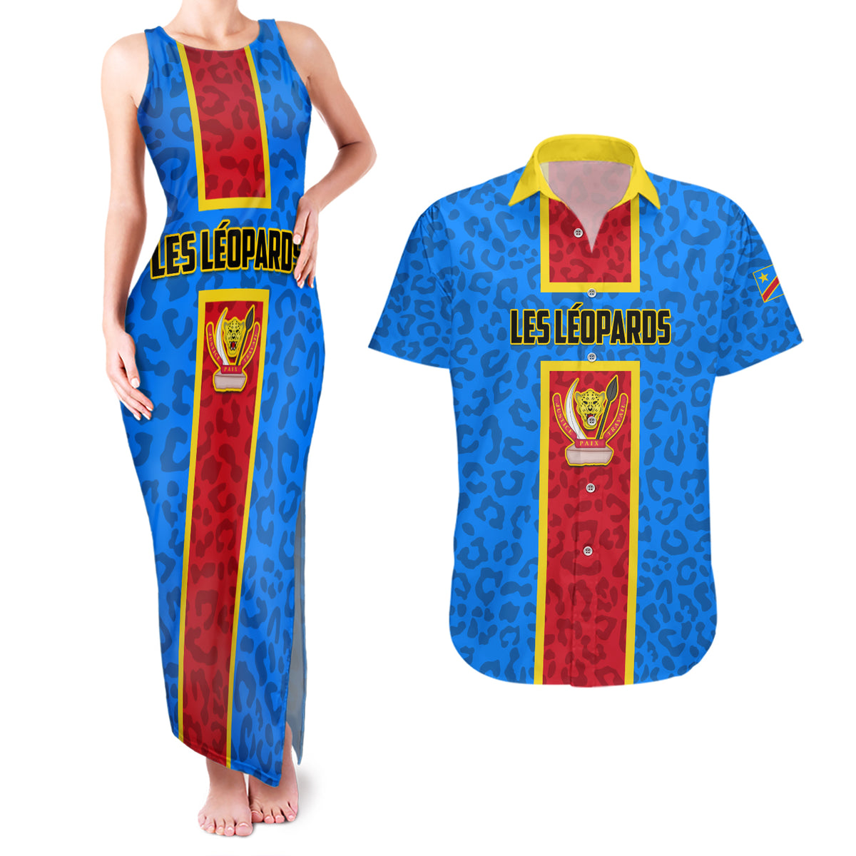 DR Congo Football Couples Matching Tank Maxi Dress and Hawaiian Shirt Go Les Leopards - Wonder Print Shop