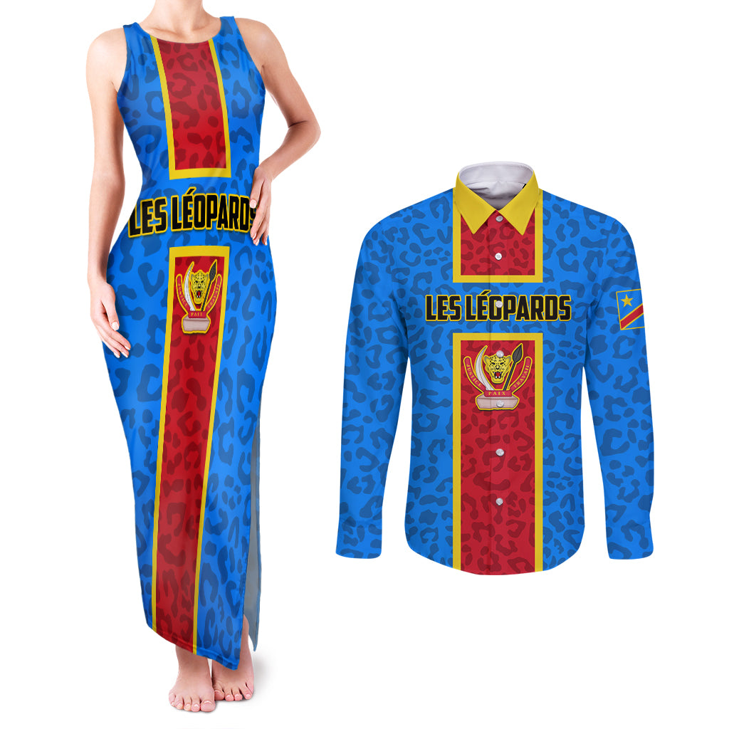 DR Congo Football Couples Matching Tank Maxi Dress and Long Sleeve Button Shirt Go Les Leopards - Wonder Print Shop