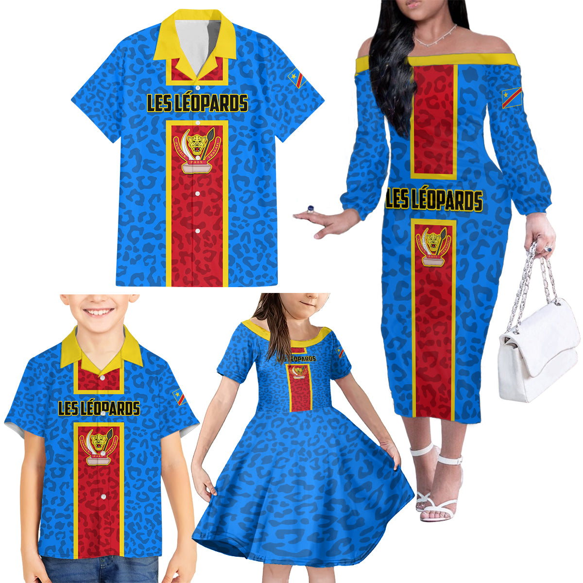DR Congo Football Family Matching Off Shoulder Long Sleeve Dress and Hawaiian Shirt Go Les Leopards - Wonder Print Shop