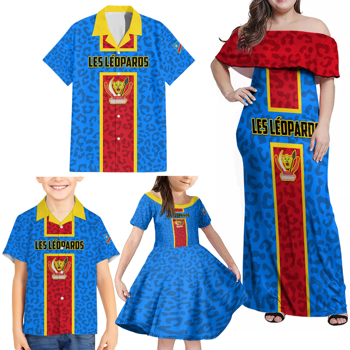 DR Congo Football Family Matching Off Shoulder Maxi Dress and Hawaiian Shirt Go Les Leopards - Wonder Print Shop