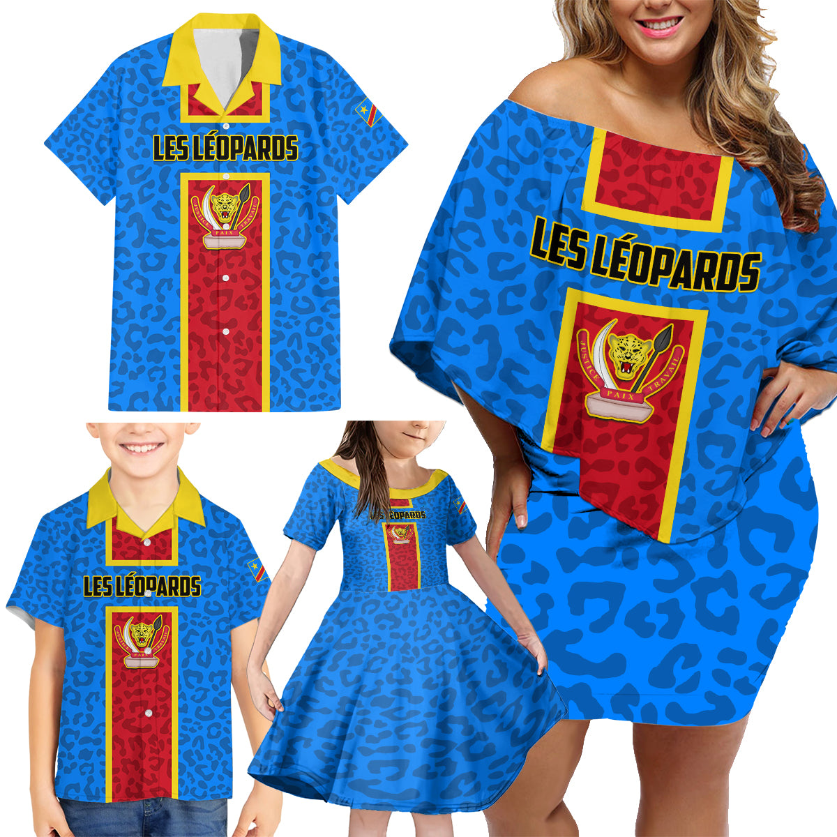 DR Congo Football Family Matching Off Shoulder Short Dress and Hawaiian Shirt Go Les Leopards - Wonder Print Shop