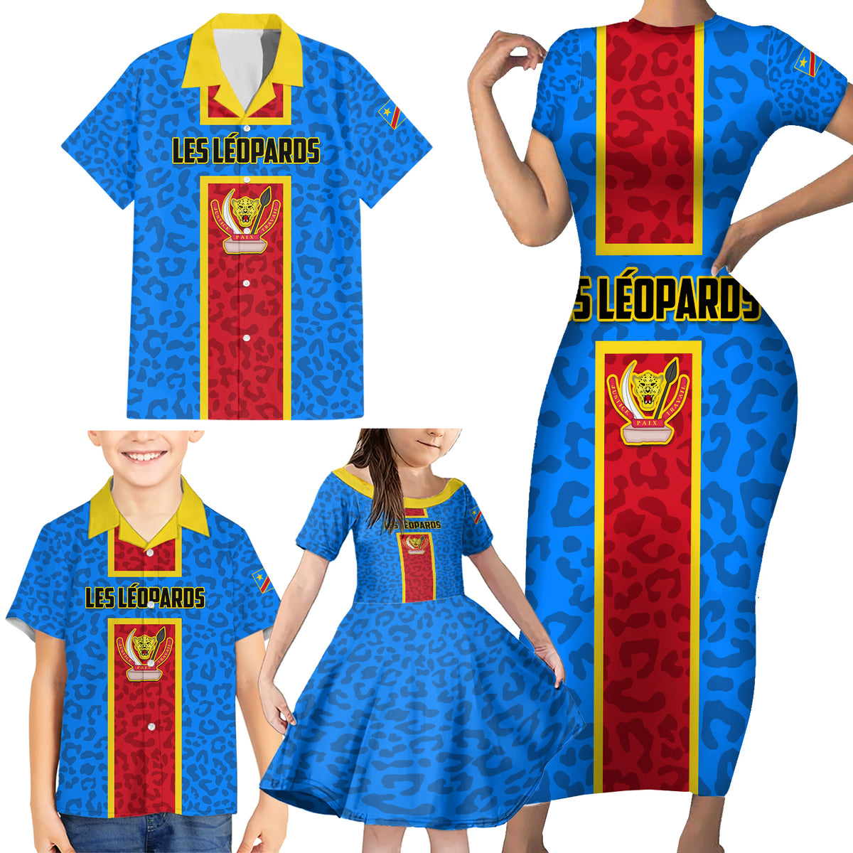 DR Congo Football Family Matching Short Sleeve Bodycon Dress and Hawaiian Shirt Go Les Leopards - Wonder Print Shop