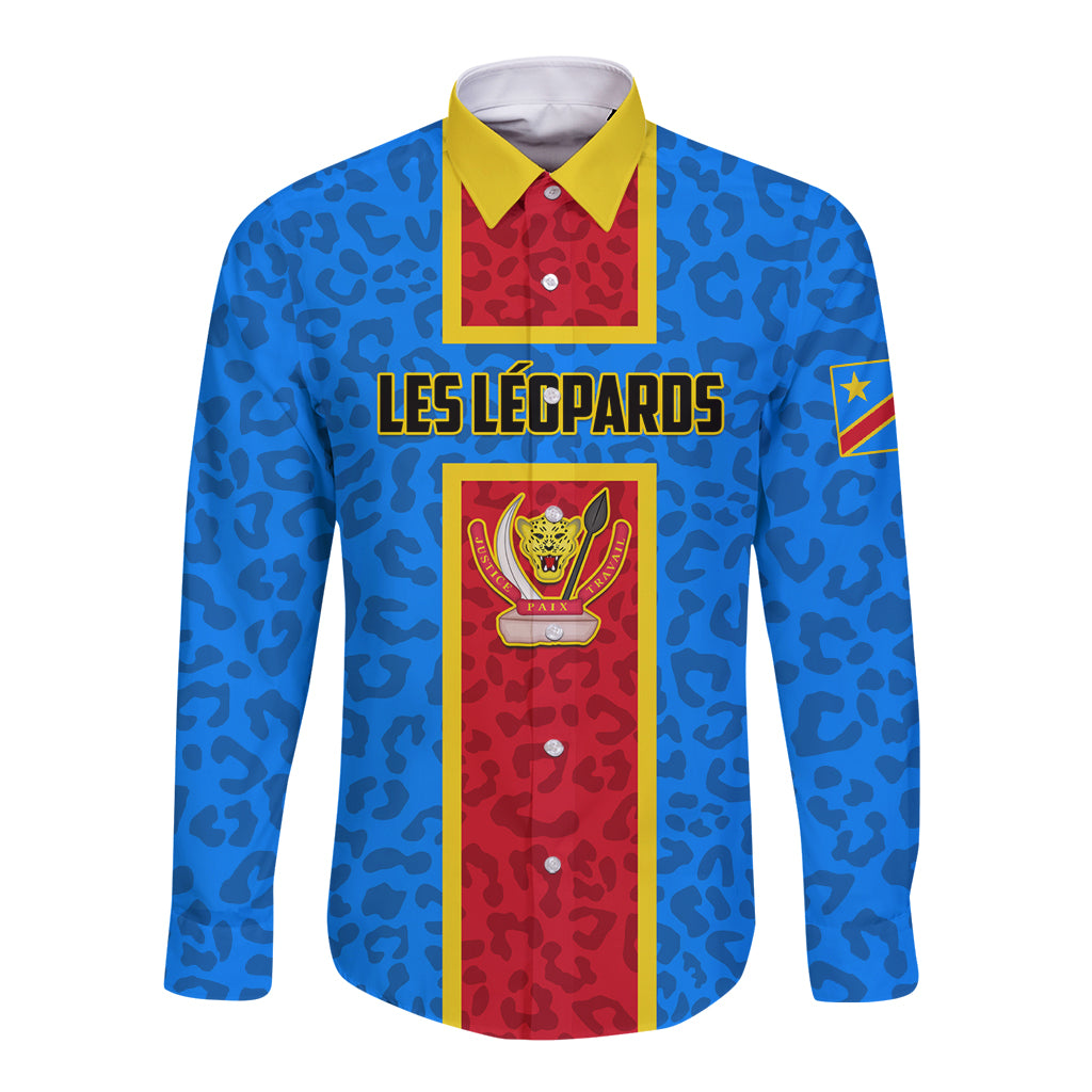 DR Congo Football Long Sleeve Button Shirt Go Les Leopards - Wonder Print Shop