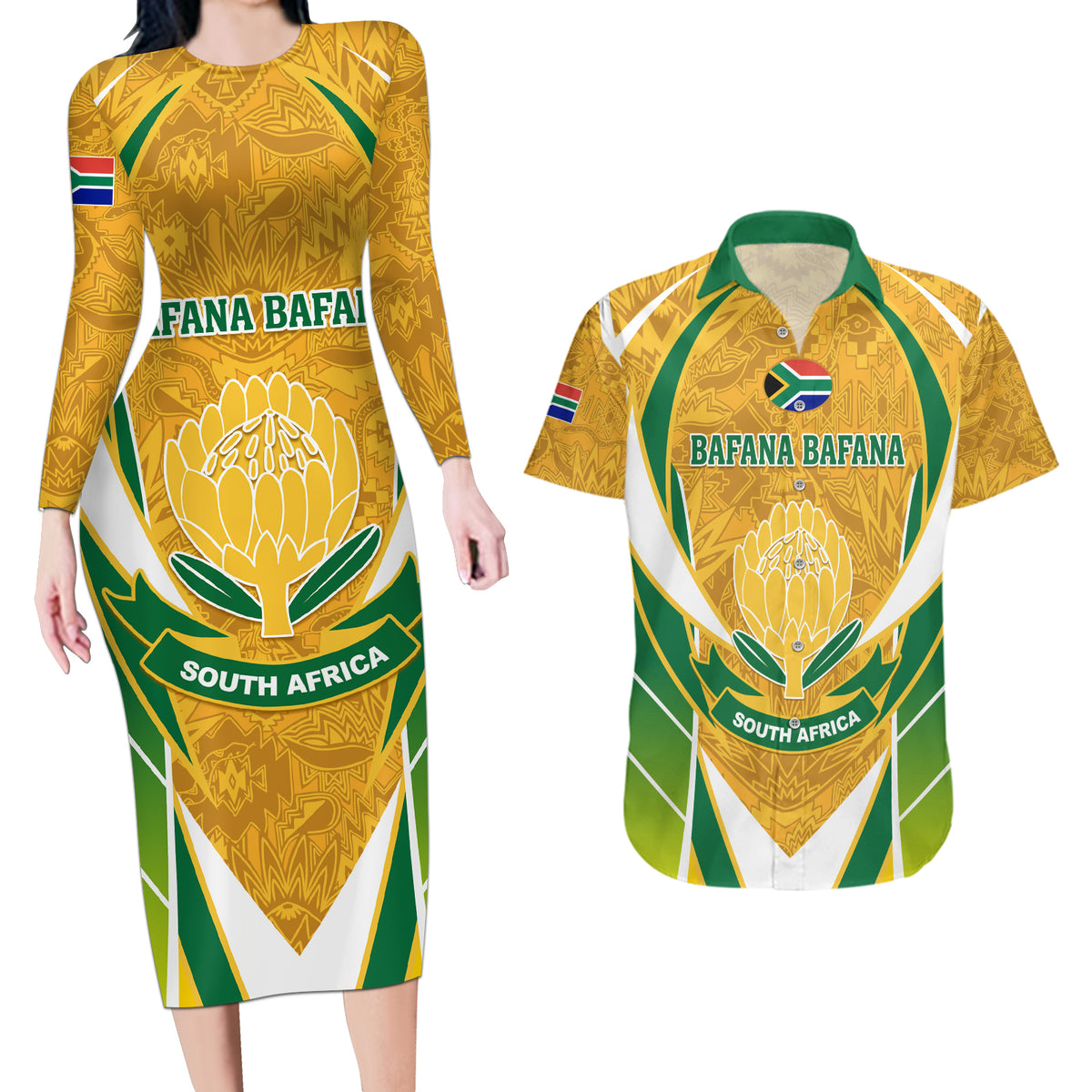 South Africa Soccer Couples Matching Long Sleeve Bodycon Dress and Hawaiian Shirt Come On Bafana Bafana - Wonder Print Shop