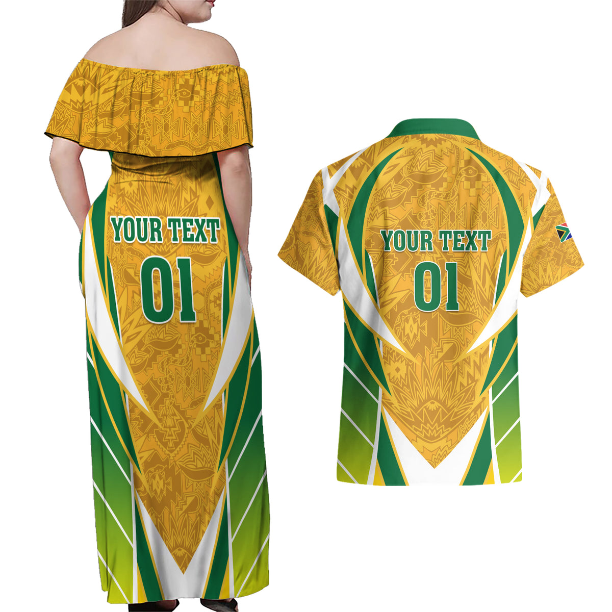 South Africa Soccer Couples Matching Off Shoulder Maxi Dress and Hawaiian Shirt Come On Bafana Bafana - Wonder Print Shop