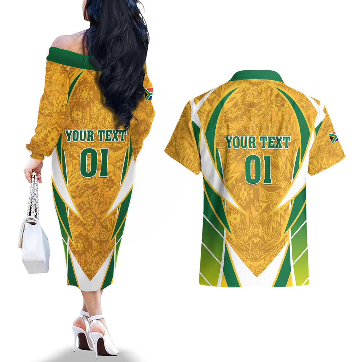 South Africa Soccer Couples Matching Off The Shoulder Long Sleeve Dress and Hawaiian Shirt Come On Bafana Bafana - Wonder Print Shop