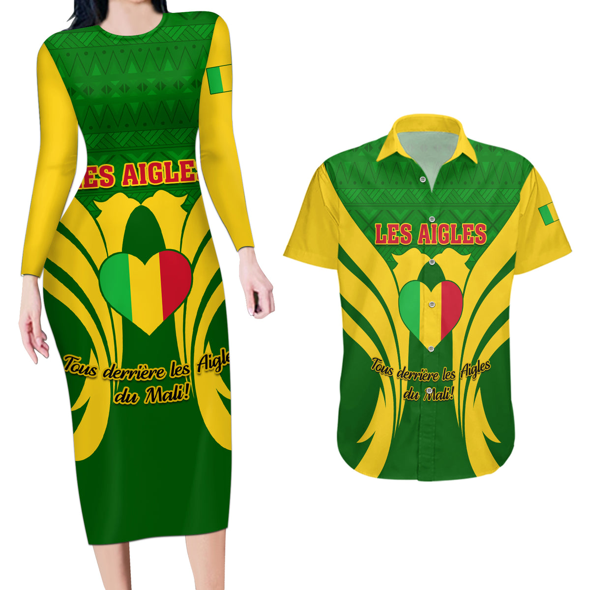 Mali Football Couples Matching Long Sleeve Bodycon Dress and Hawaiian Shirt Tous Derriere Les Aigles Du Mali - Wonder Print Shop
