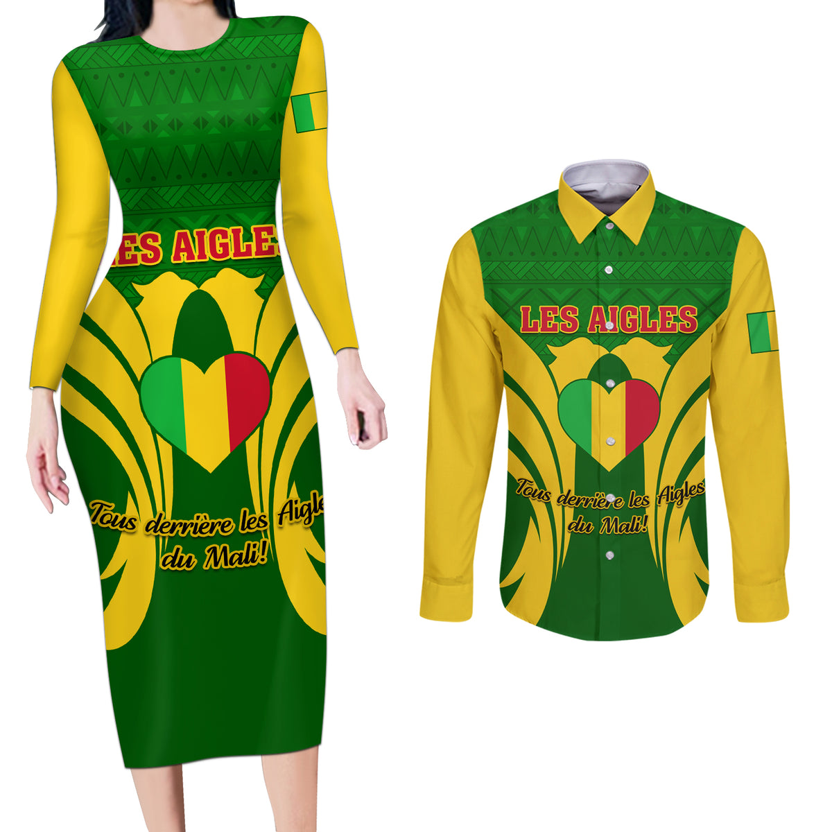 Mali Football Couples Matching Long Sleeve Bodycon Dress and Long Sleeve Button Shirt Tous Derriere Les Aigles Du Mali - Wonder Print Shop