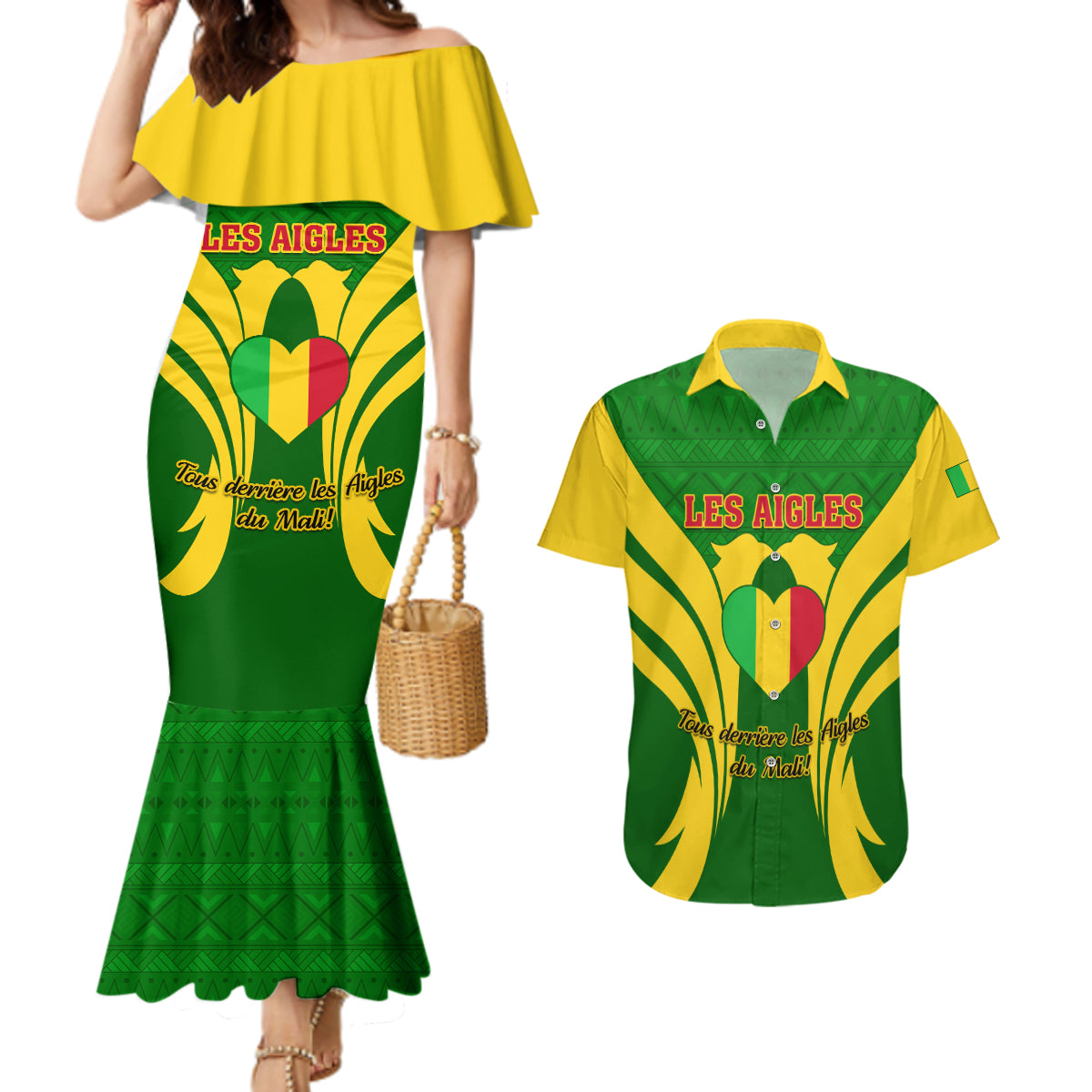 Mali Football Couples Matching Mermaid Dress and Hawaiian Shirt Tous Derriere Les Aigles Du Mali - Wonder Print Shop