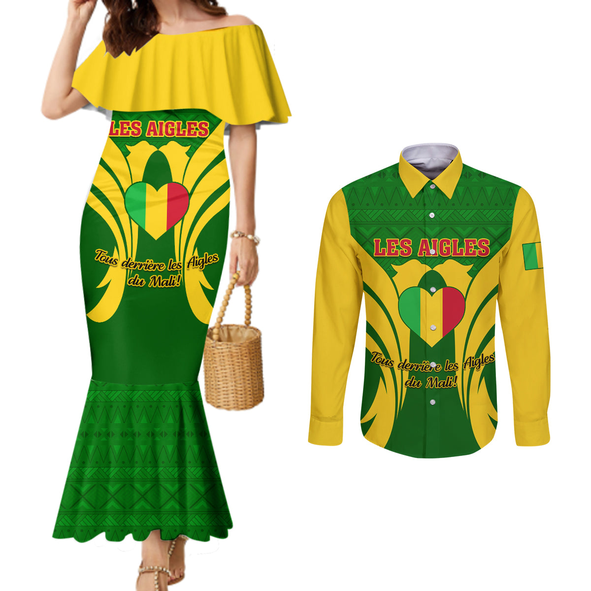 Mali Football Couples Matching Mermaid Dress and Long Sleeve Button Shirt Tous Derriere Les Aigles Du Mali