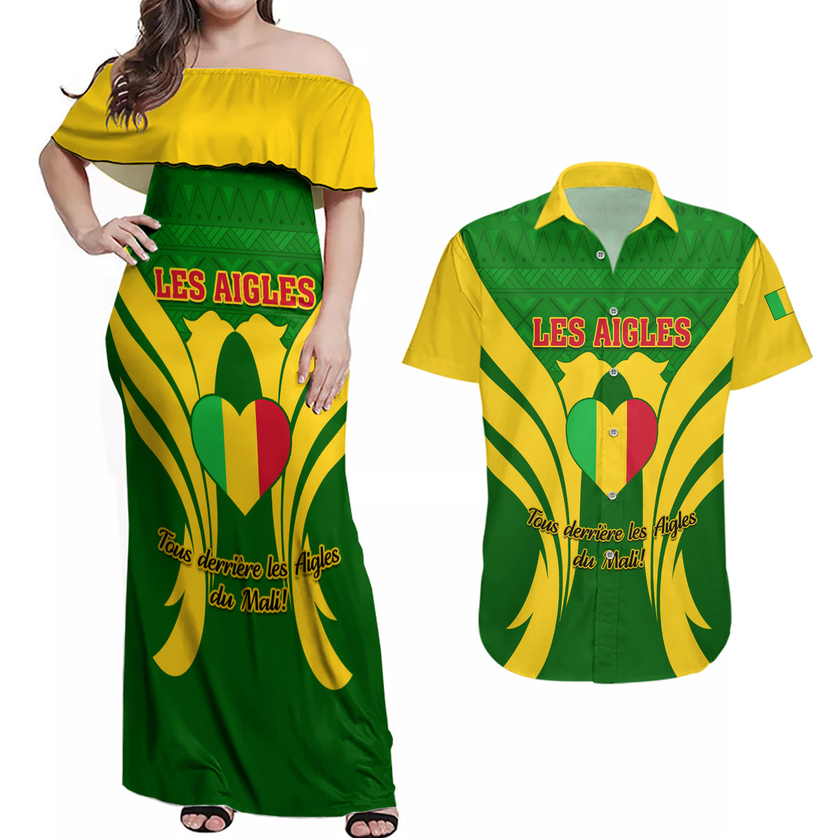 Mali Football Couples Matching Off Shoulder Maxi Dress and Hawaiian Shirt Tous Derriere Les Aigles Du Mali - Wonder Print Shop