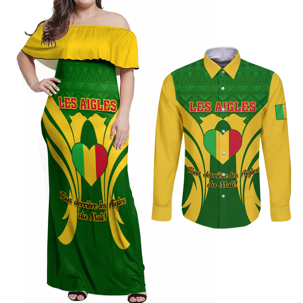 Mali Football Couples Matching Off Shoulder Maxi Dress and Long Sleeve Button Shirt Tous Derriere Les Aigles Du Mali - Wonder Print Shop