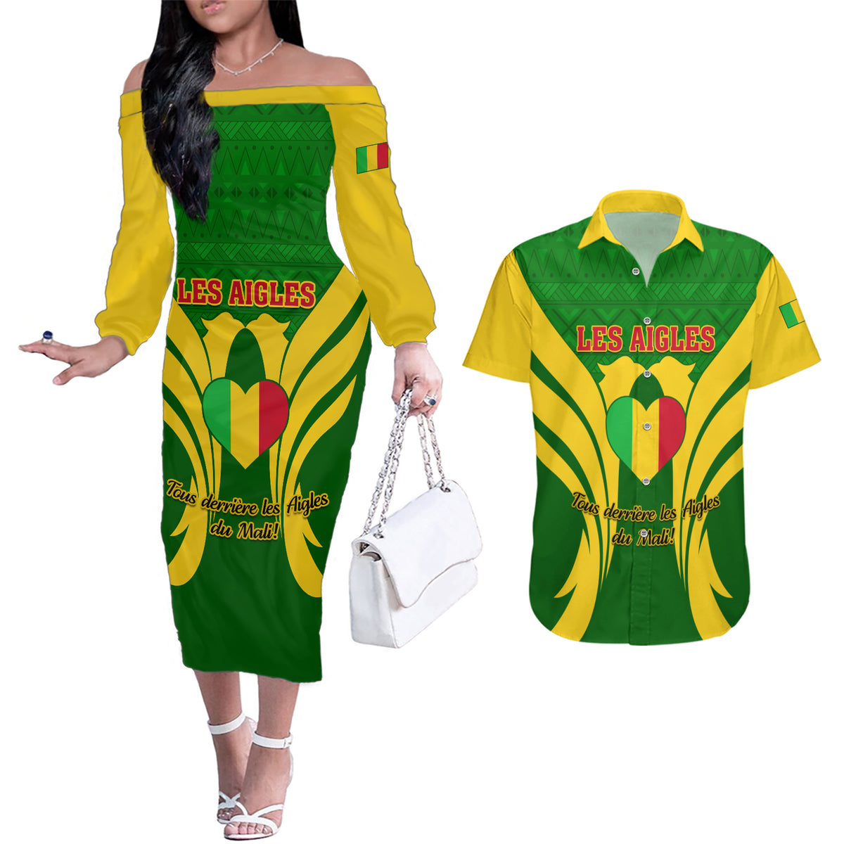Mali Football Couples Matching Off The Shoulder Long Sleeve Dress and Hawaiian Shirt Tous Derriere Les Aigles Du Mali - Wonder Print Shop