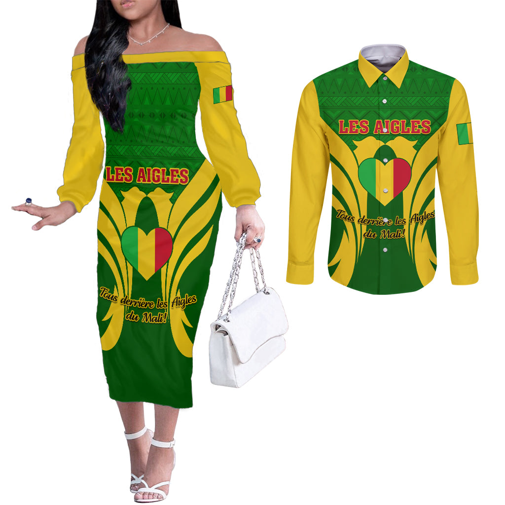 Mali Football Couples Matching Off The Shoulder Long Sleeve Dress and Long Sleeve Button Shirt Tous Derriere Les Aigles Du Mali
