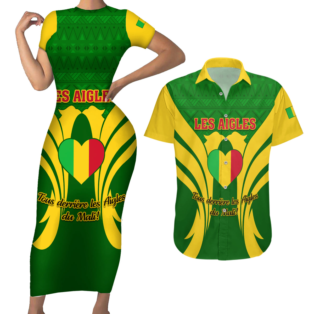 Mali Football Couples Matching Short Sleeve Bodycon Dress and Hawaiian Shirt Tous Derriere Les Aigles Du Mali - Wonder Print Shop
