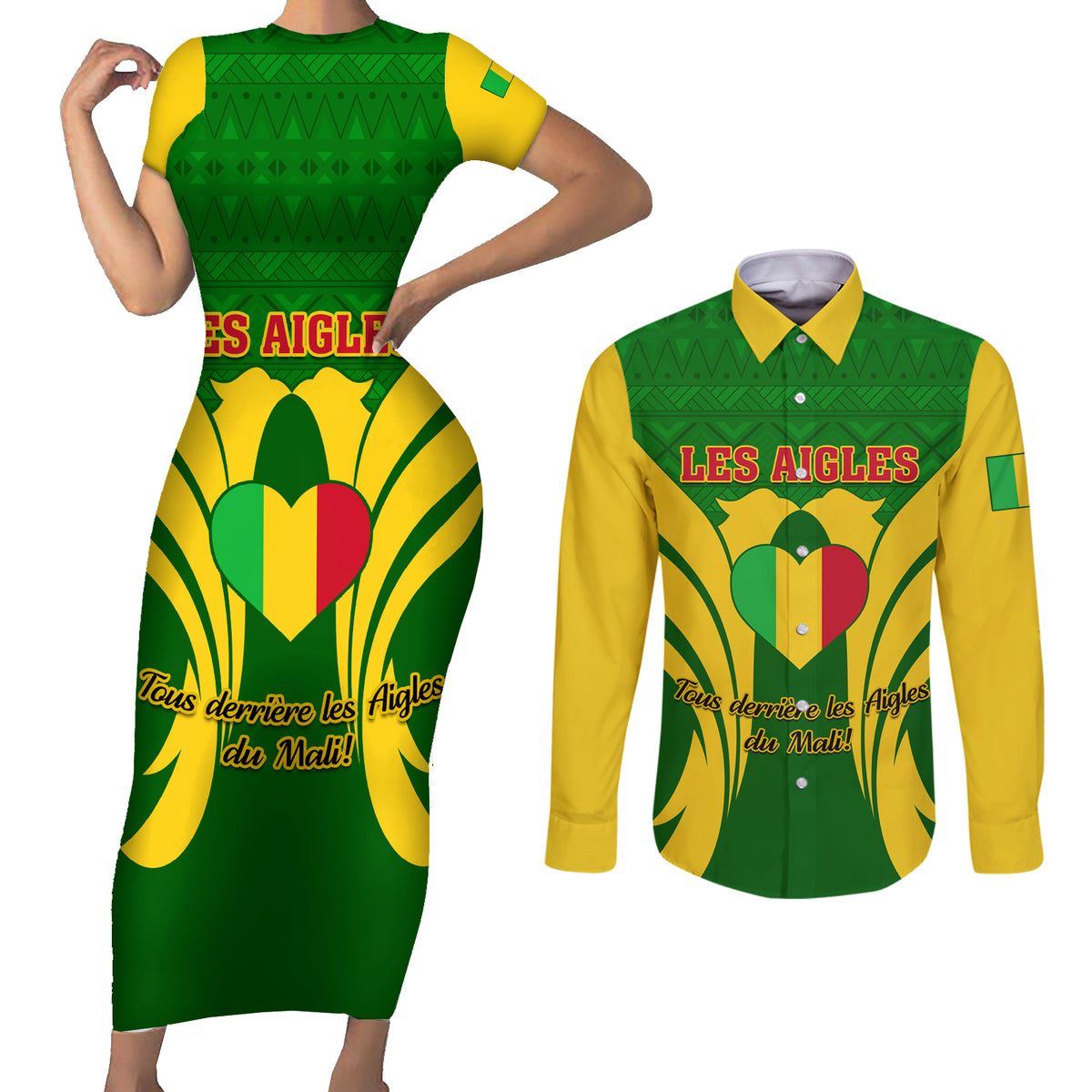 Mali Football Couples Matching Short Sleeve Bodycon Dress and Long Sleeve Button Shirt Tous Derriere Les Aigles Du Mali - Wonder Print Shop