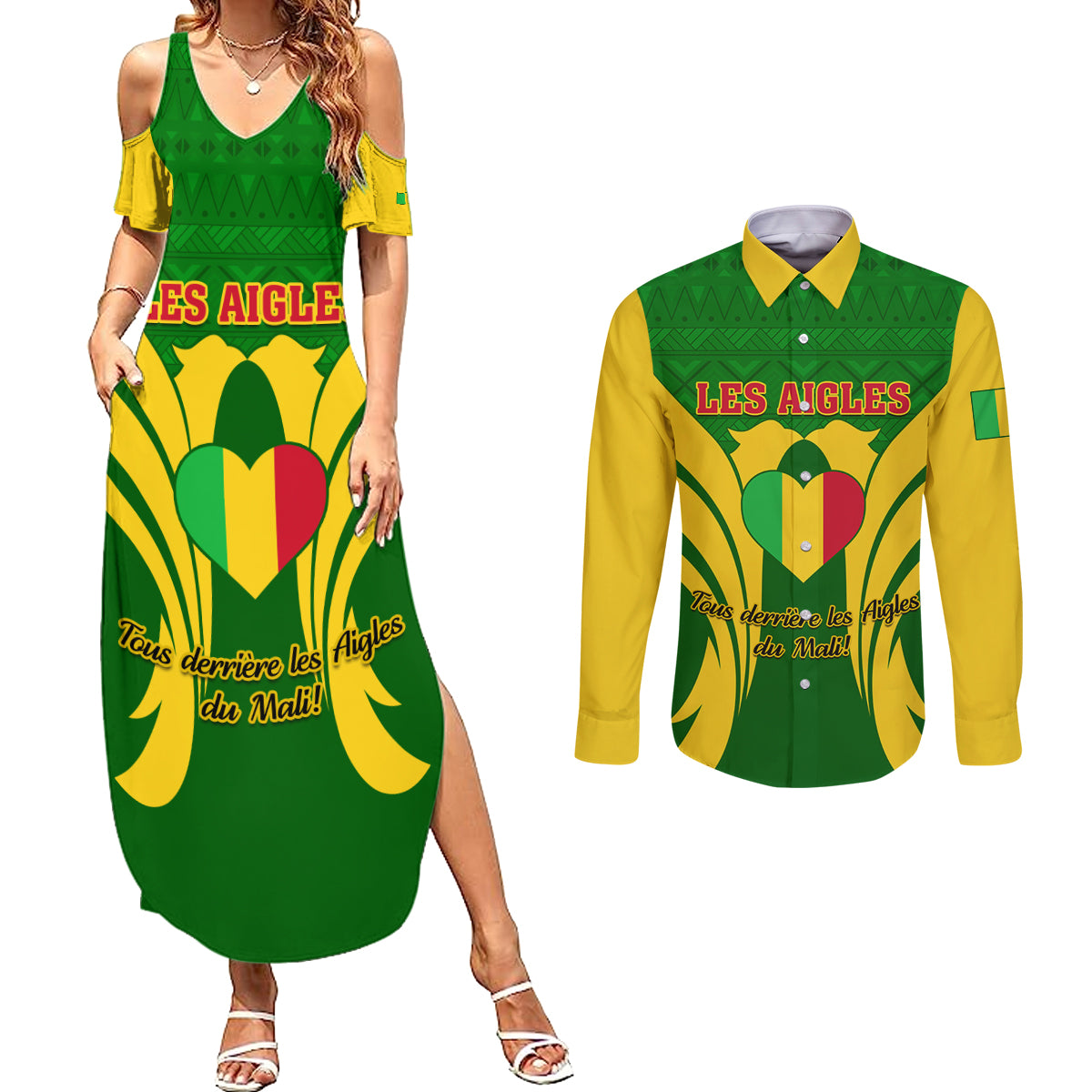 Mali Football Couples Matching Summer Maxi Dress and Long Sleeve Button Shirt Tous Derriere Les Aigles Du Mali - Wonder Print Shop