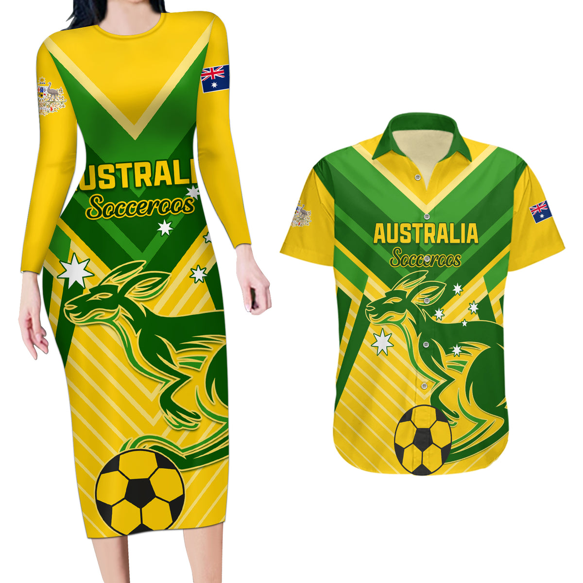Australia Soccer Couples Matching Long Sleeve Bodycon Dress and Hawaiian Shirt Go Socceroos - Wonder Print Shop