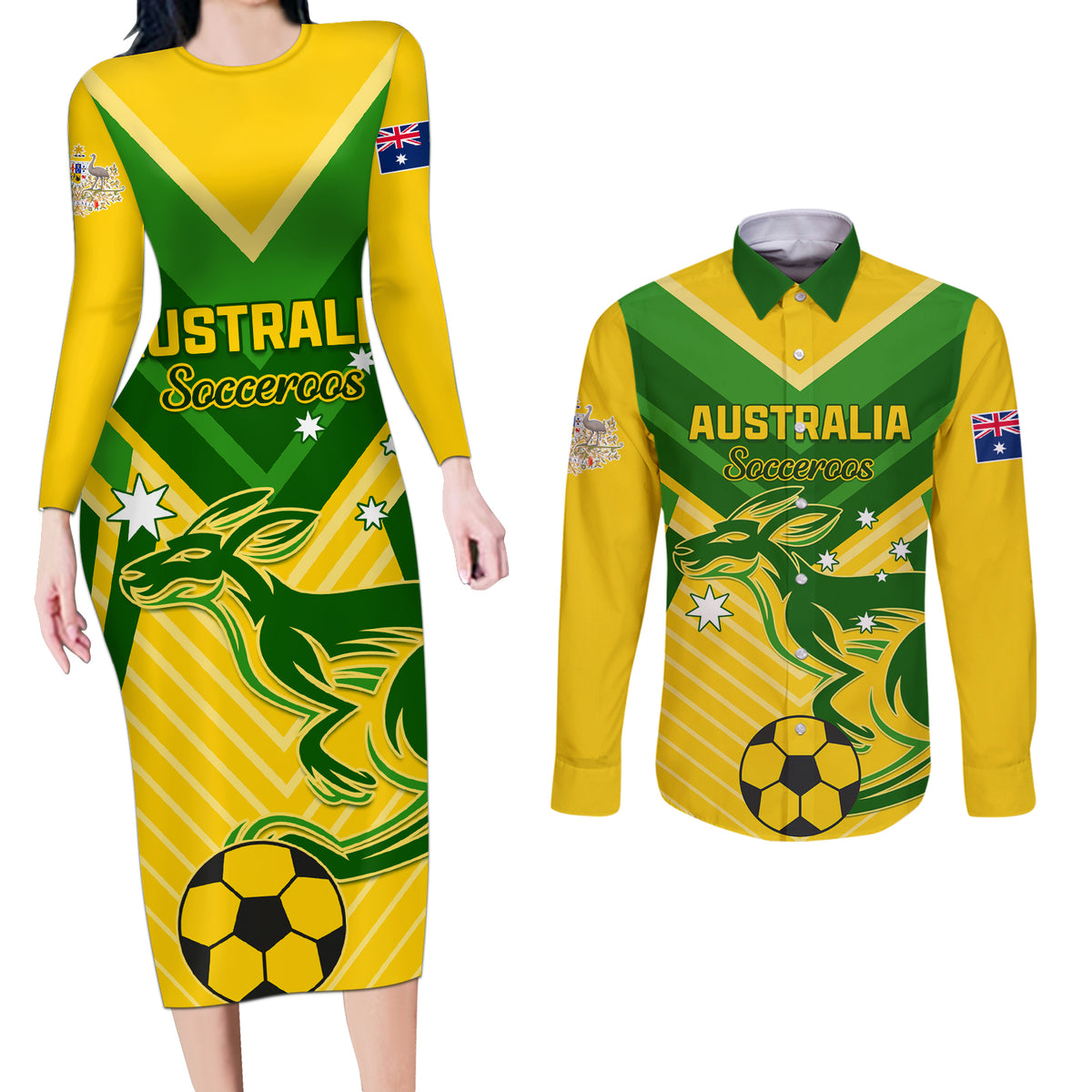 Australia Soccer Couples Matching Long Sleeve Bodycon Dress and Long Sleeve Button Shirt Go Socceroos - Wonder Print Shop