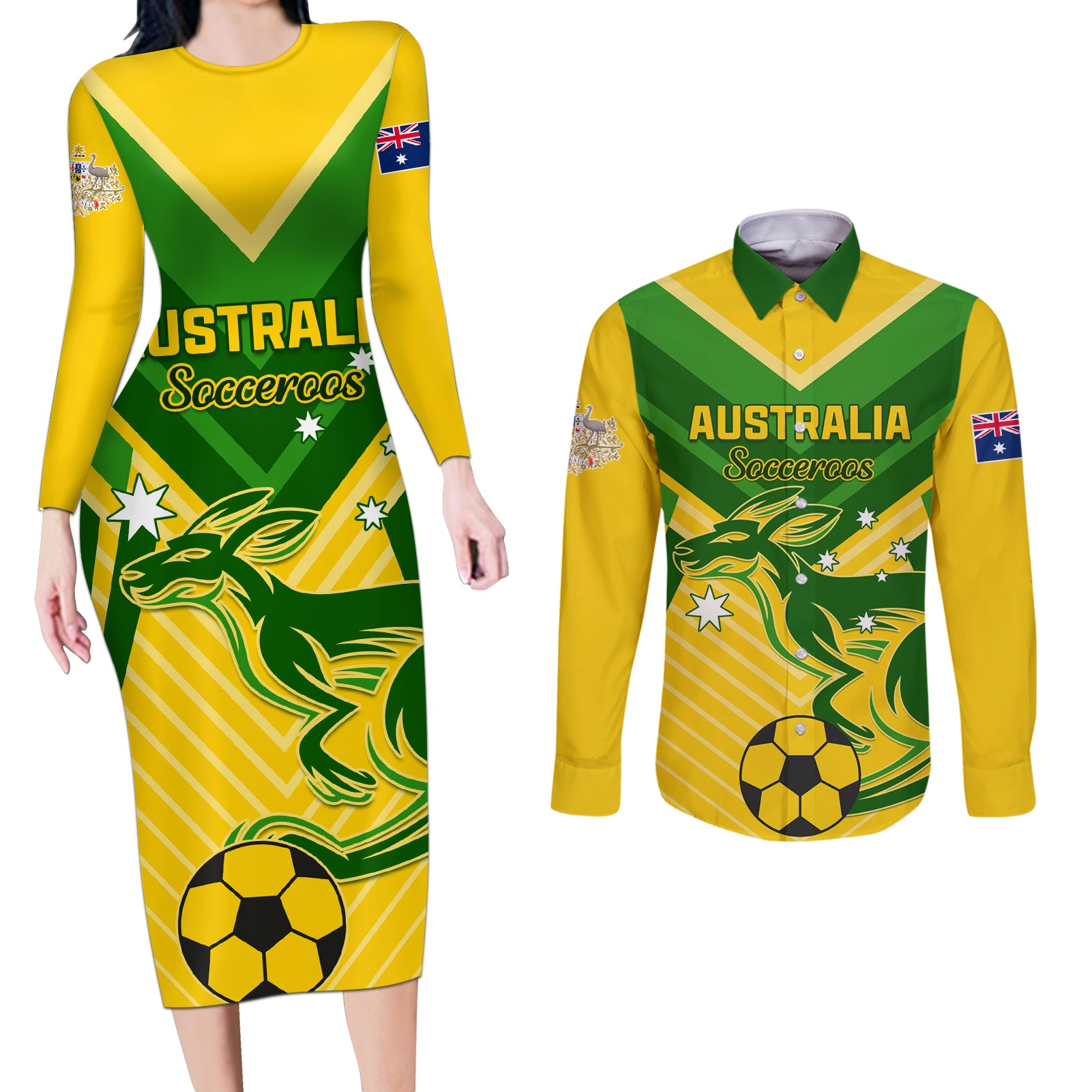 Australia Soccer Couples Matching Long Sleeve Bodycon Dress and Long Sleeve Button Shirt Go Socceroos - Wonder Print Shop