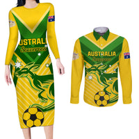 Australia Soccer Couples Matching Long Sleeve Bodycon Dress and Long Sleeve Button Shirt Go Socceroos - Wonder Print Shop