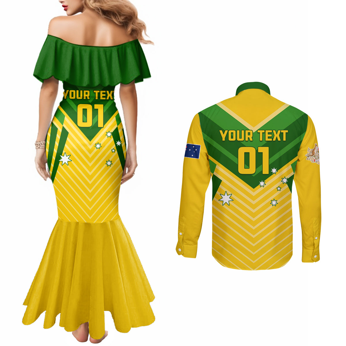 Australia Soccer Couples Matching Mermaid Dress and Long Sleeve Button Shirt Go Socceroos