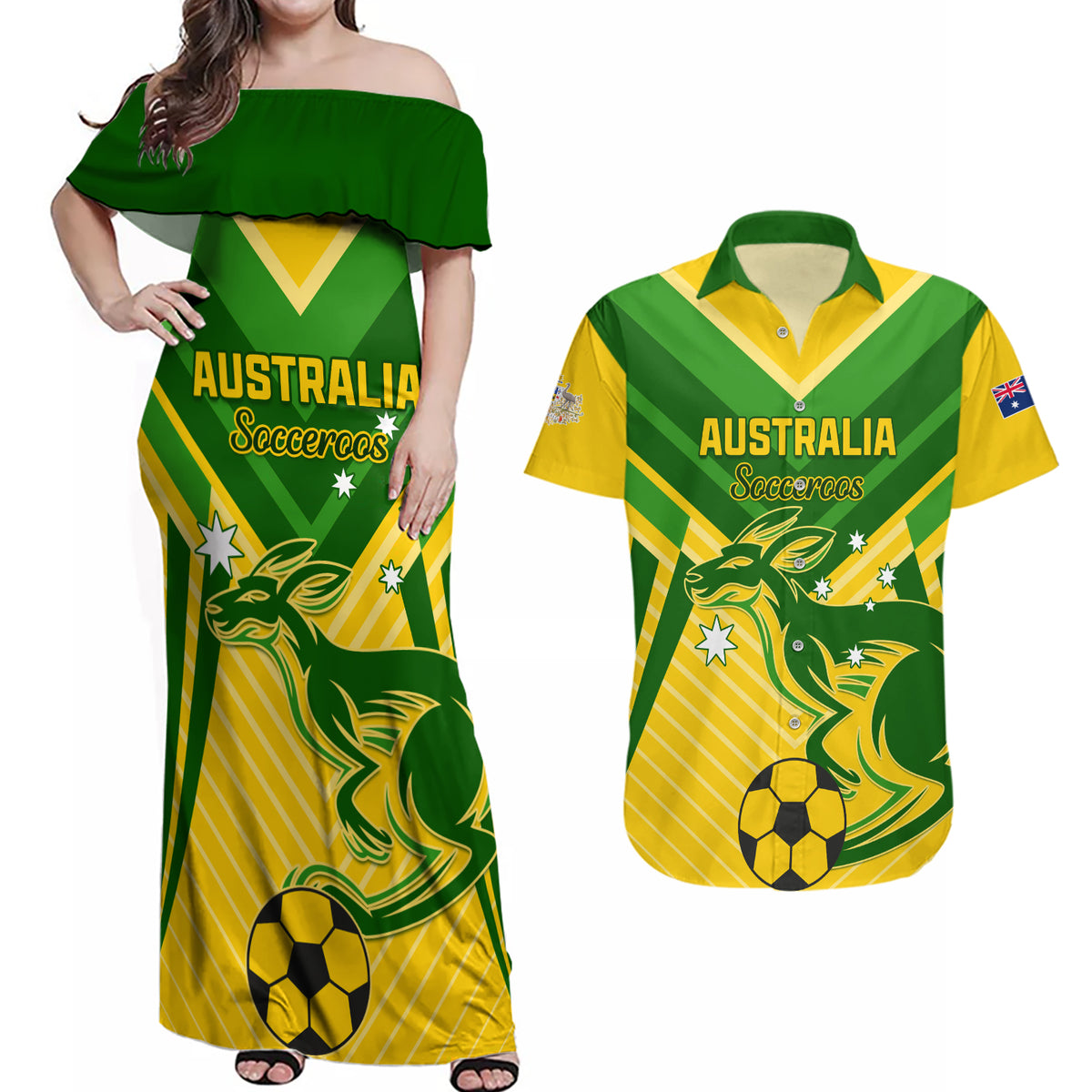 Australia Soccer Couples Matching Off Shoulder Maxi Dress and Hawaiian Shirt Go Socceroos - Wonder Print Shop