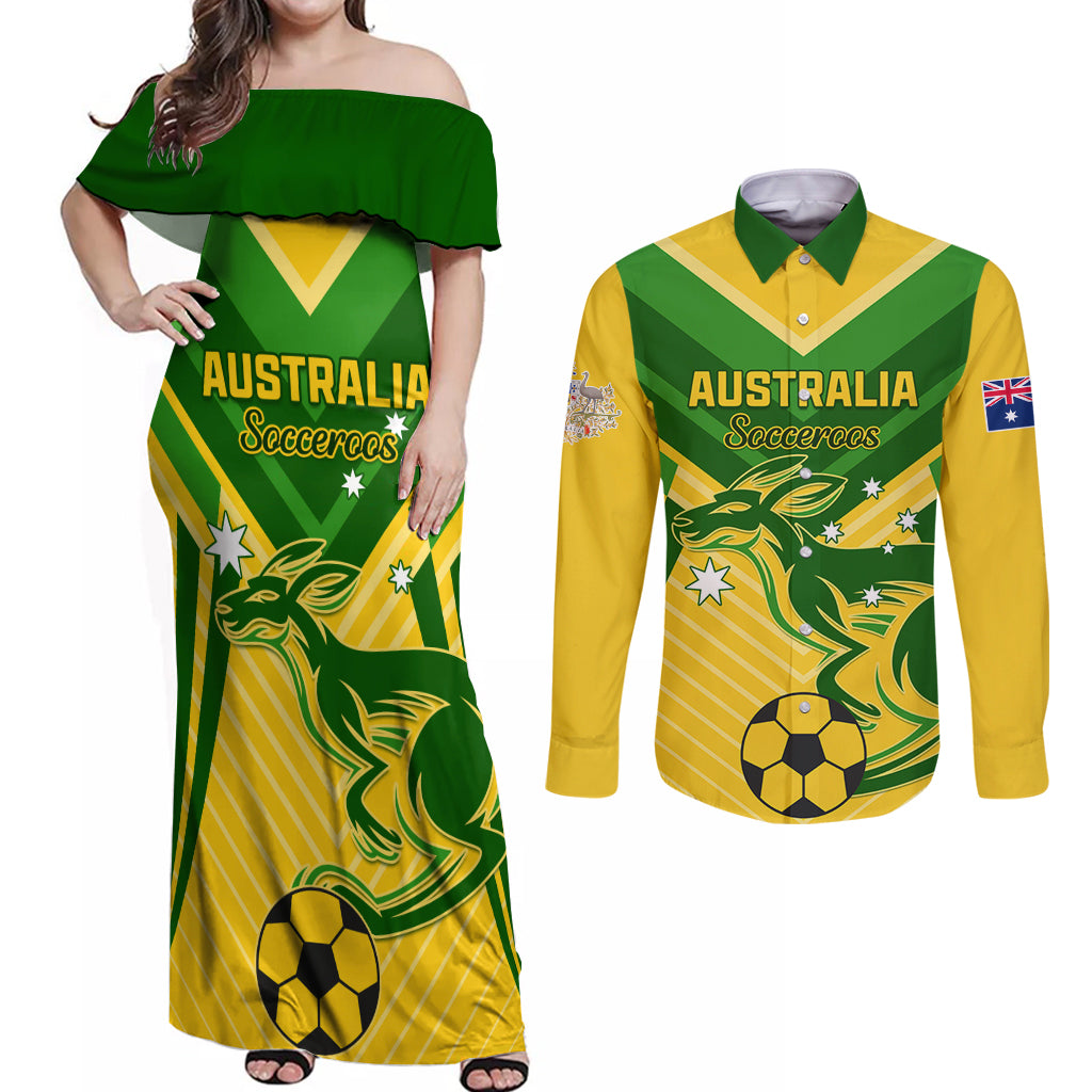 Australia Soccer Couples Matching Off Shoulder Maxi Dress and Long Sleeve Button Shirt Go Socceroos - Wonder Print Shop