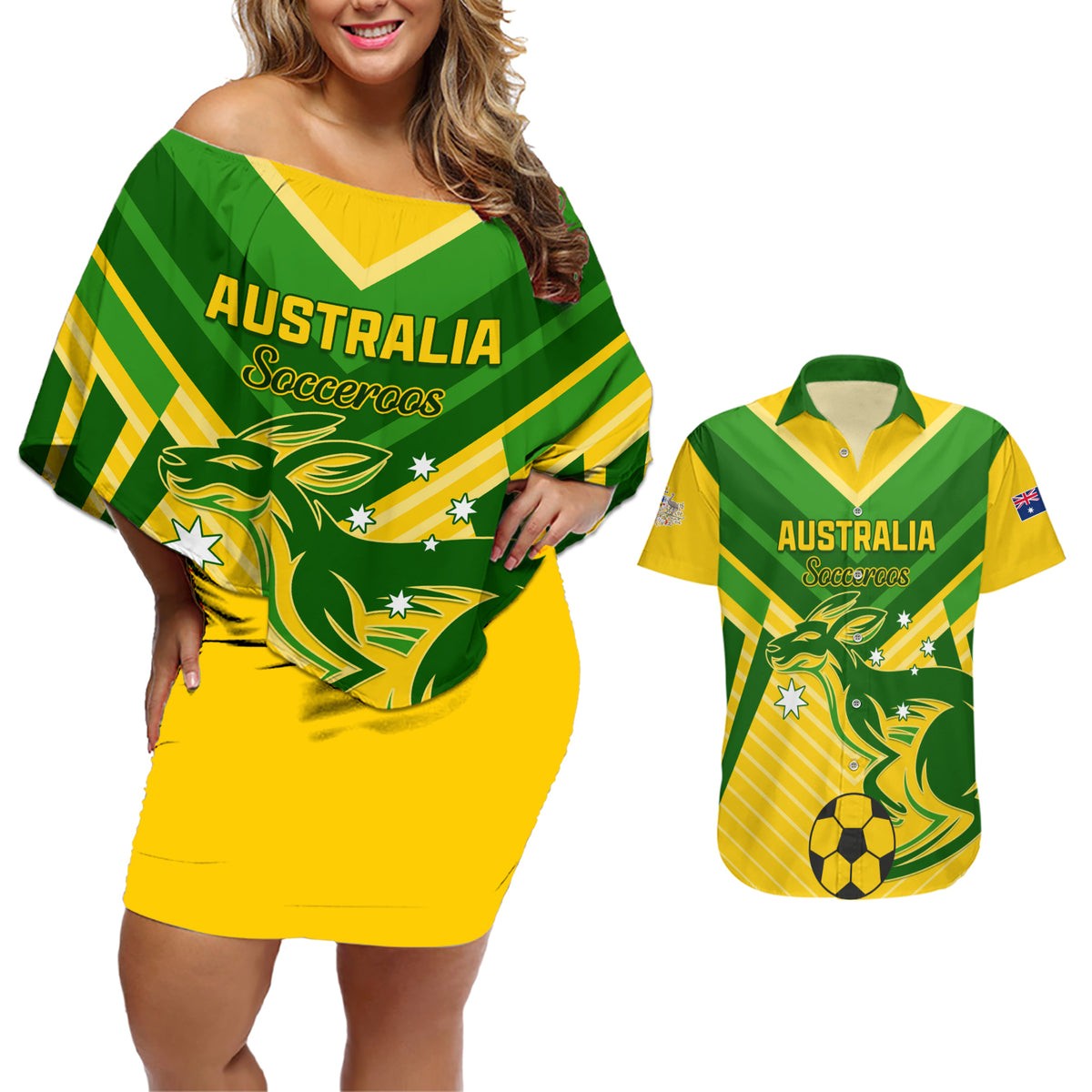Australia Soccer Couples Matching Off Shoulder Short Dress and Hawaiian Shirt Go Socceroos - Wonder Print Shop