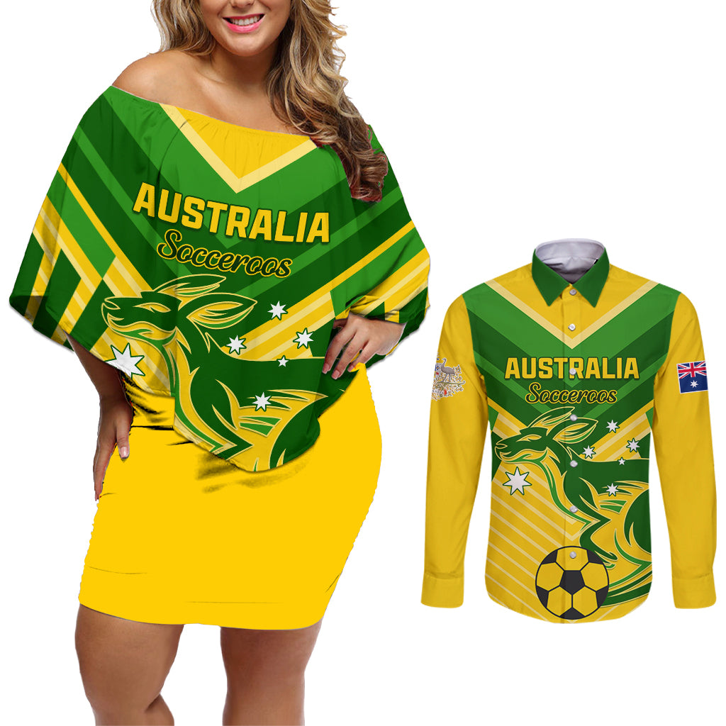 Australia Soccer Couples Matching Off Shoulder Short Dress and Long Sleeve Button Shirt Go Socceroos - Wonder Print Shop