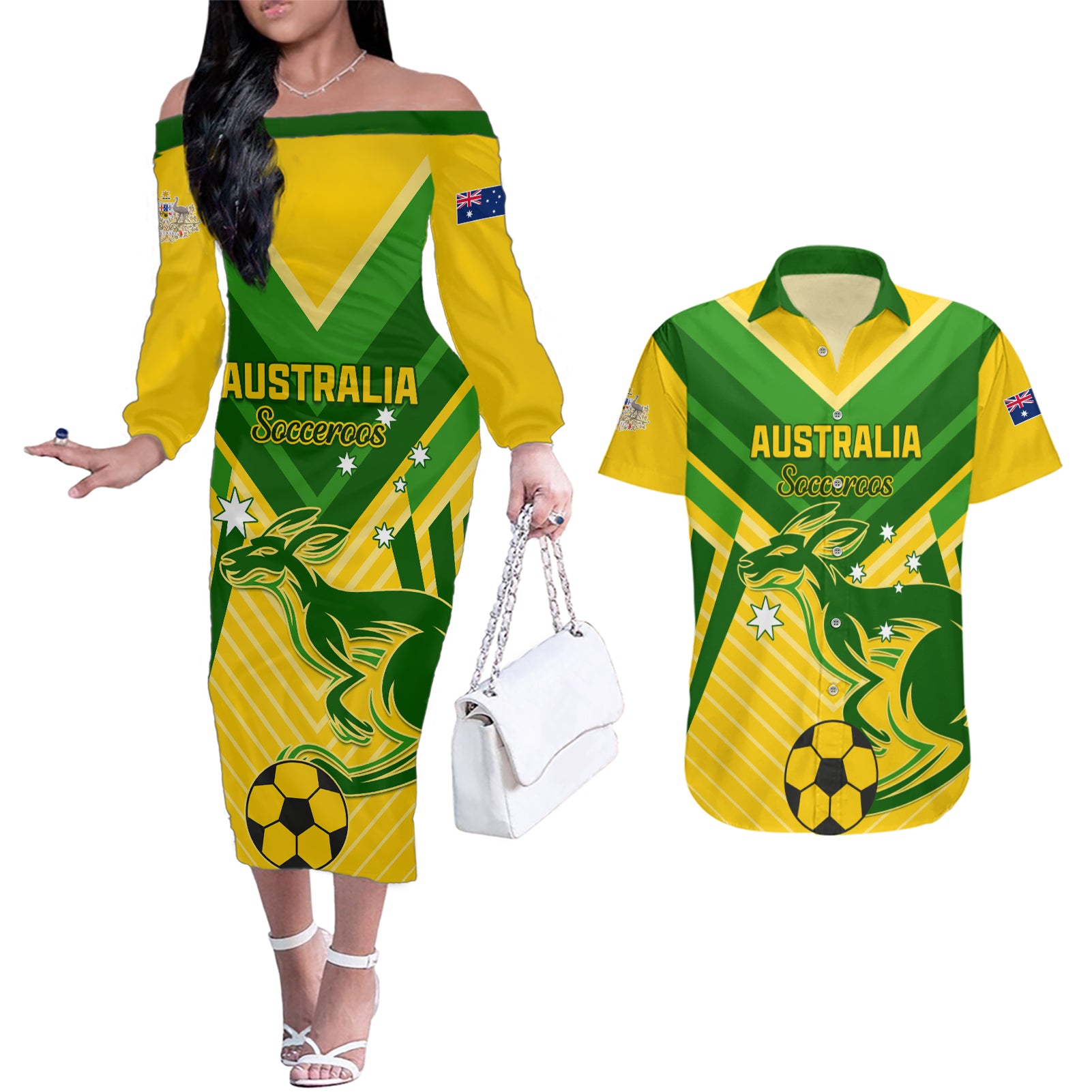 Australia Soccer Couples Matching Off The Shoulder Long Sleeve Dress and Hawaiian Shirt Go Socceroos - Wonder Print Shop
