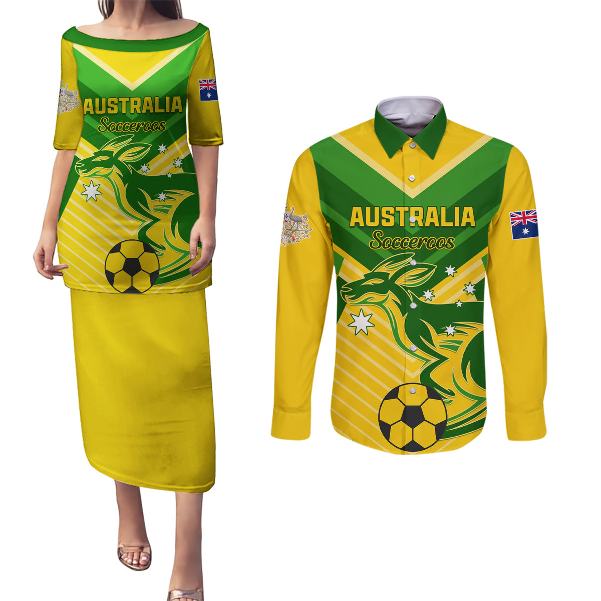 Australia Soccer Couples Matching Puletasi and Long Sleeve Button Shirt Go Socceroos - Wonder Print Shop