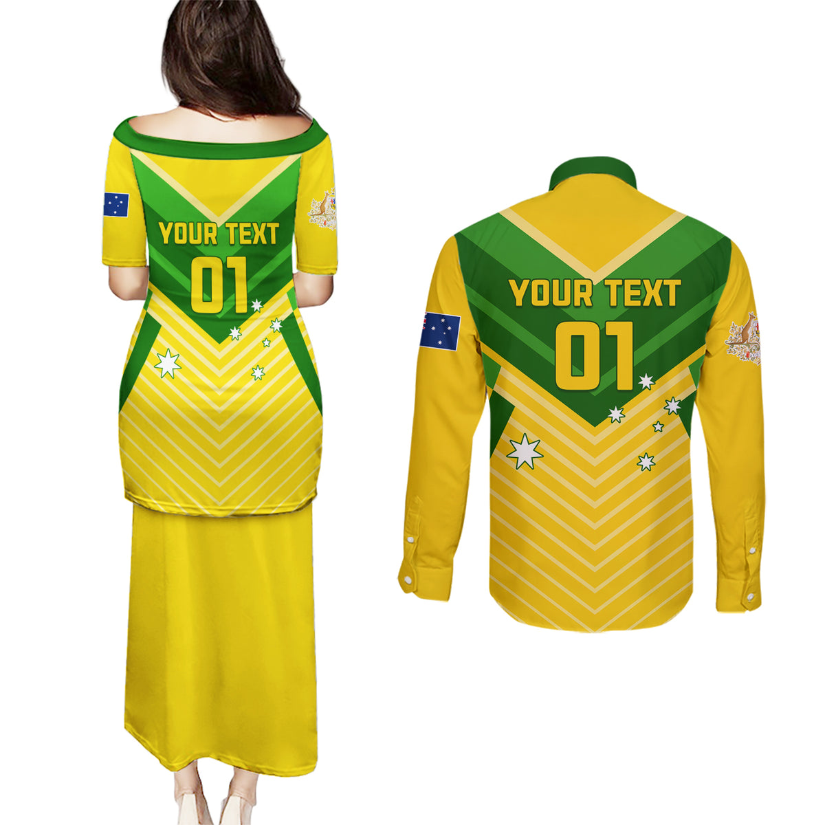 Australia Soccer Couples Matching Puletasi and Long Sleeve Button Shirt Go Socceroos - Wonder Print Shop