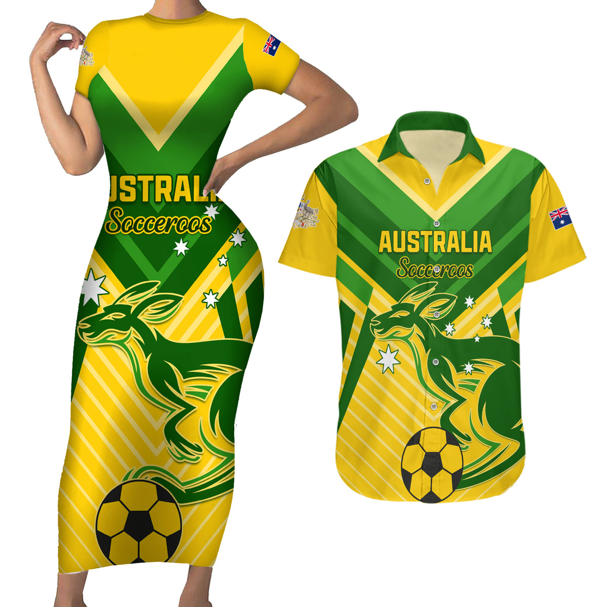 Australia Soccer Couples Matching Short Sleeve Bodycon Dress and Hawaiian Shirt Go Socceroos - Wonder Print Shop
