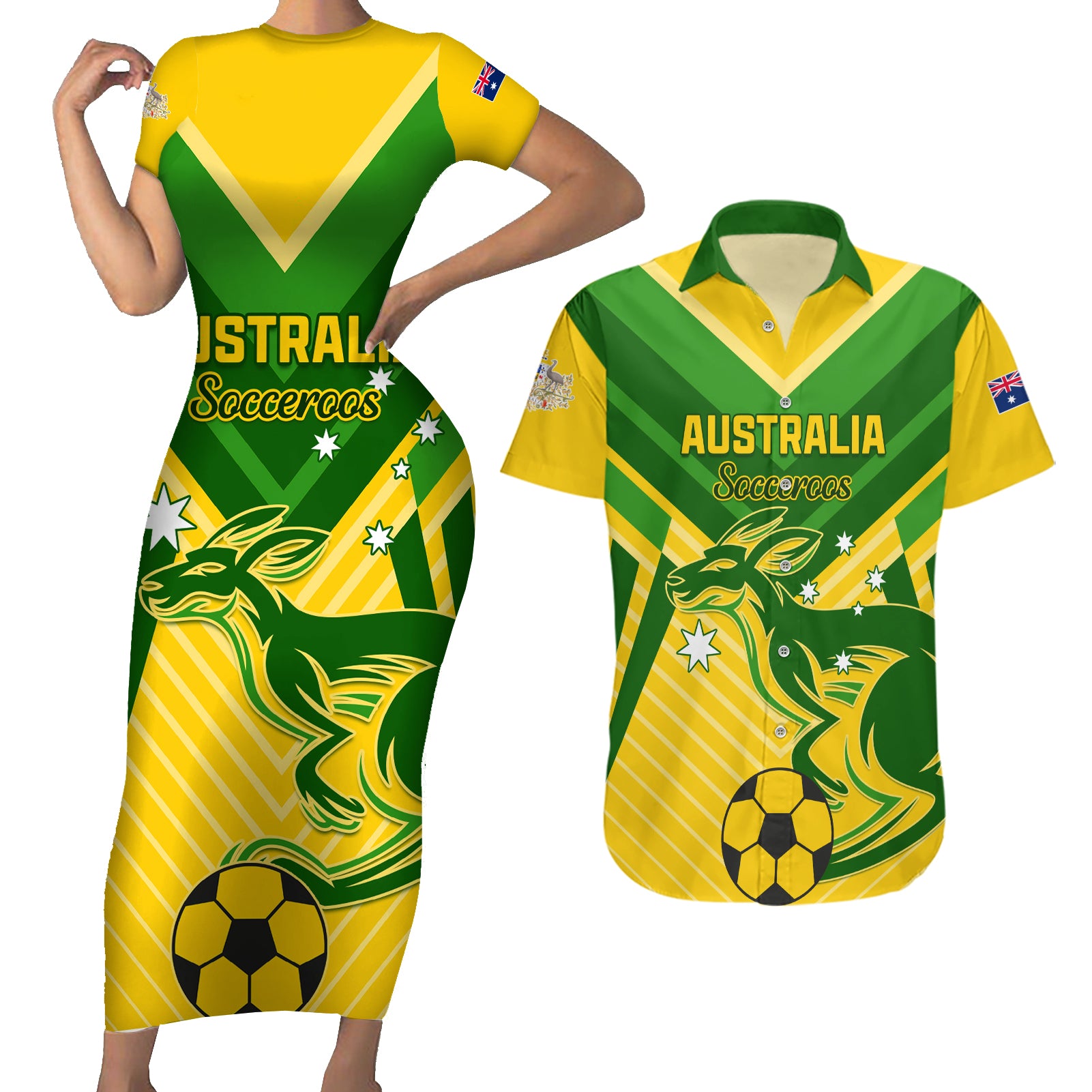 Australia Soccer Couples Matching Short Sleeve Bodycon Dress and Hawaiian Shirt Go Socceroos - Wonder Print Shop